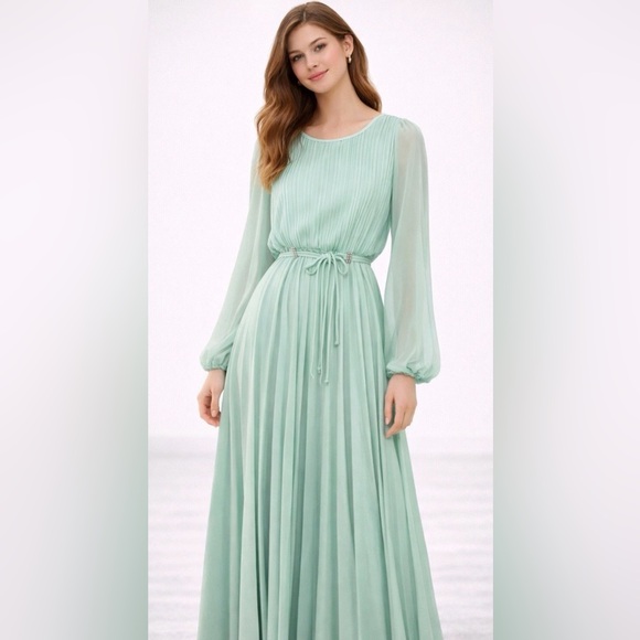 Vintage 1970s Mint Green Pleated Maxi Evening Dress Balloon Sleeve M - Picture 13 of 13